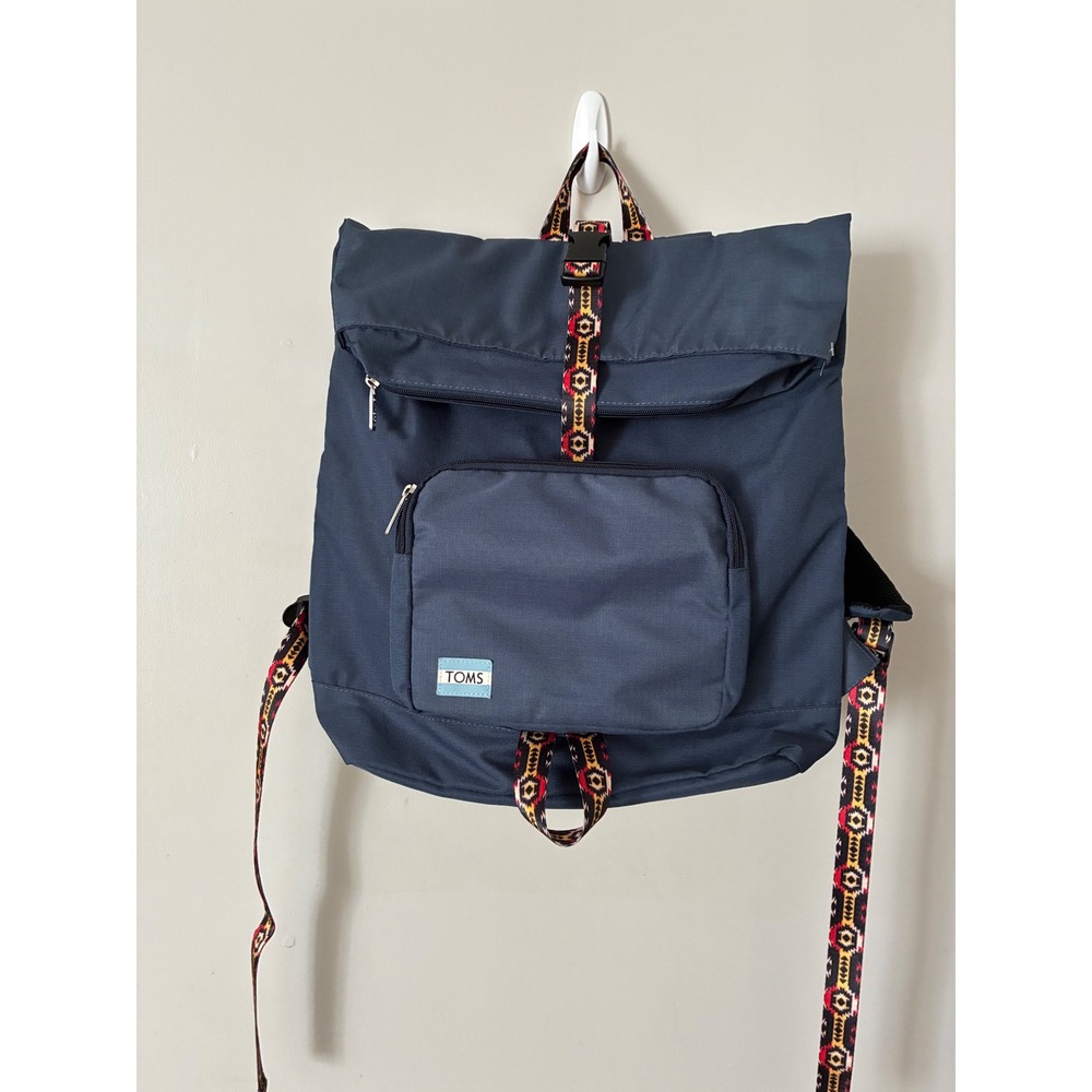 TOMS Backpack Unisex OS Navy Blue Tribal Print Roll Top Canvas School Bag Travel